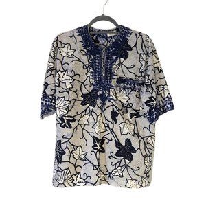 Vintage navy blue white Ankara print boxy top shirt blouse African embroidered